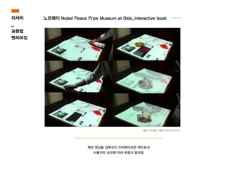 책과 영상을 접목시킨 인터랙티브한 책으로서
사용자의 손짓에 따라 반응이 달라짐
[출처] 바이에른 교통과 안전교육 연구소
리서치
_
표현법
벤치마킹
노르웨이 Nobel Peace Prize Museum at Oslo_interactive book
 