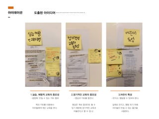 도출된 아이디어
1.실습, 체험적 교육의 중요성
-팝업북, 만질 수 있는 키트 형태
책과 키트를 이용해서
아이들에게 재난 교육을 한다.
2.정기적인 교육의 중요성
-영상과 키트를 합친다.
영상은 계속 업데이트 될 수
있기 때문에 정기적인 교육과
어울린다고 할 수 있니/.
3.어린이 특성
-만지고, 행동할 수 있어야 한다.
실제로 만지고, 행동 하기 위해
아이들이 만질 수 있는 물건을
사용한다.
아이데이션
-
 