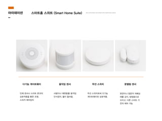 다기능 게이트웨이 움직임 센서 무선 스위치 문열림 센서
스마트홈 스위트 (Smart Home Suite)
인체 센서나 스마트 폰과의
상호작용을 통한 조명,
스피커 제어장치
사람이나 애완동물 움직임
인식장치. 불이 들어옴.
무선 스위치로써 다기능
게이트웨이와 상호작용.
현관이나 창문의 개폐상
태를 감지, 방범용으로
쓰이고, 다른 스마트 가
전의 제어 가능 
아이데이션
-
 