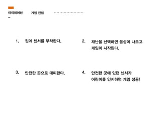 아이데이션
-
게임 컨셉
1. 집에 센서를 부착한다. 2. 재난을 선택하면 음성이 나오고
게임이 시작된다.
3. 안전한 곳으로 대피한다. 4. 안전한 곳에 있던 센서가
어린이를 인지하면 게임 성공!
 