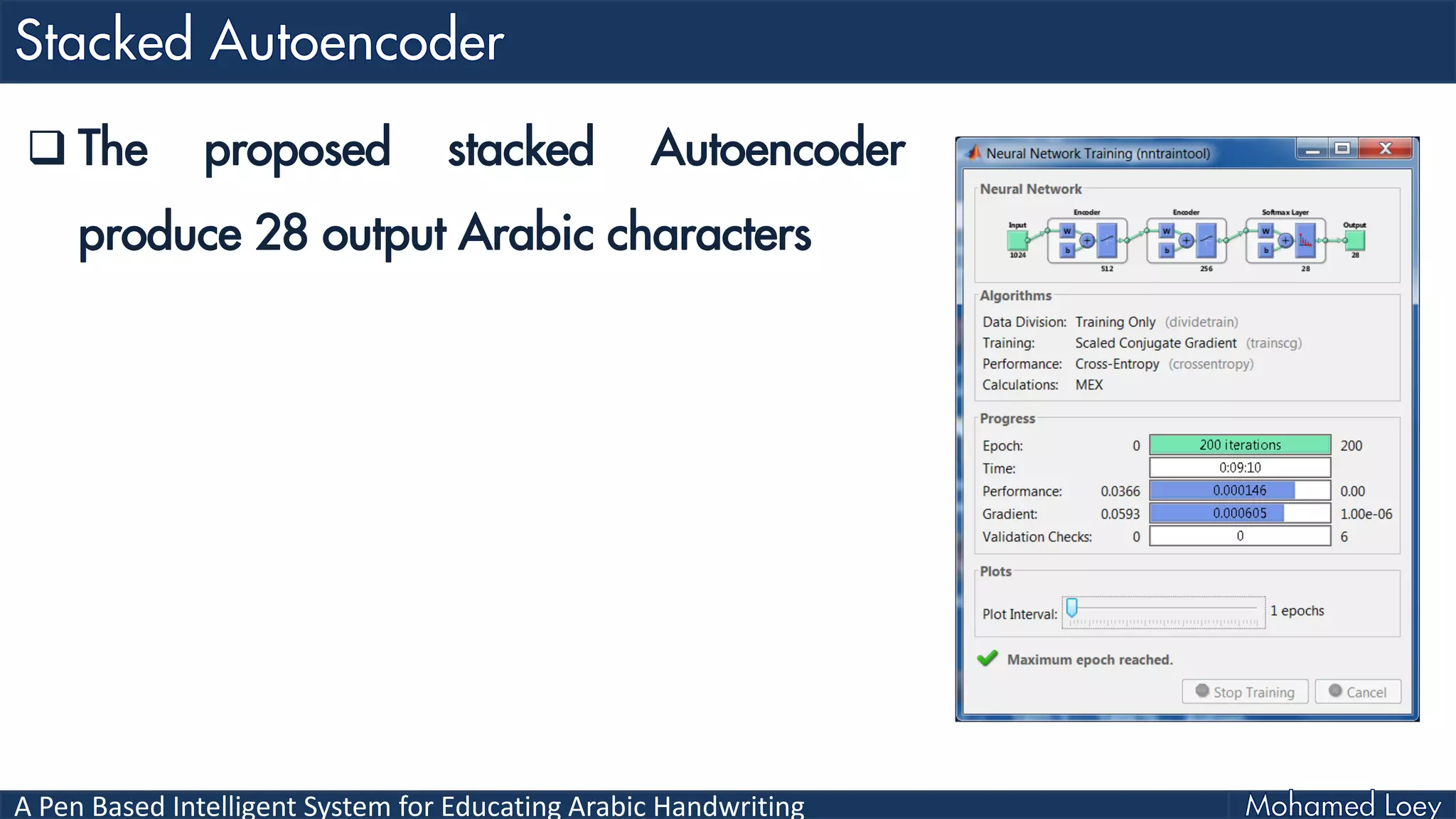A Pen Based Intelligent System for Educating Arabic Handwriting
 The proposed stacked Autoencoder
produce 28 output Arabic characters
 