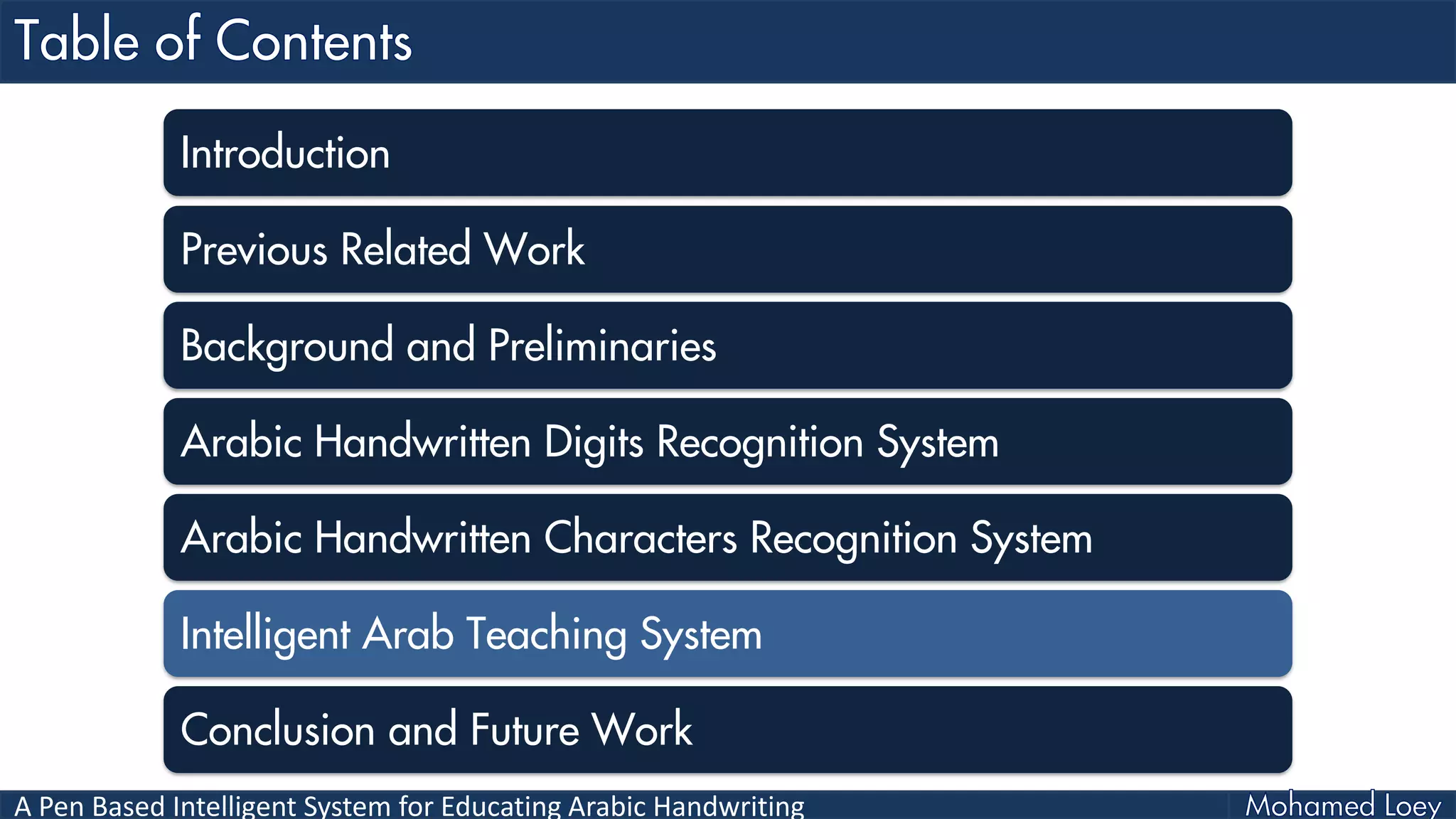 A Pen Based Intelligent System for Educating Arabic Handwriting
Introduction
Previous Related Work
Background and Preliminaries
Arabic Handwritten Digits Recognition System
Arabic Handwritten Characters Recognition System
Intelligent Arab Teaching System
Conclusion and Future Work
 