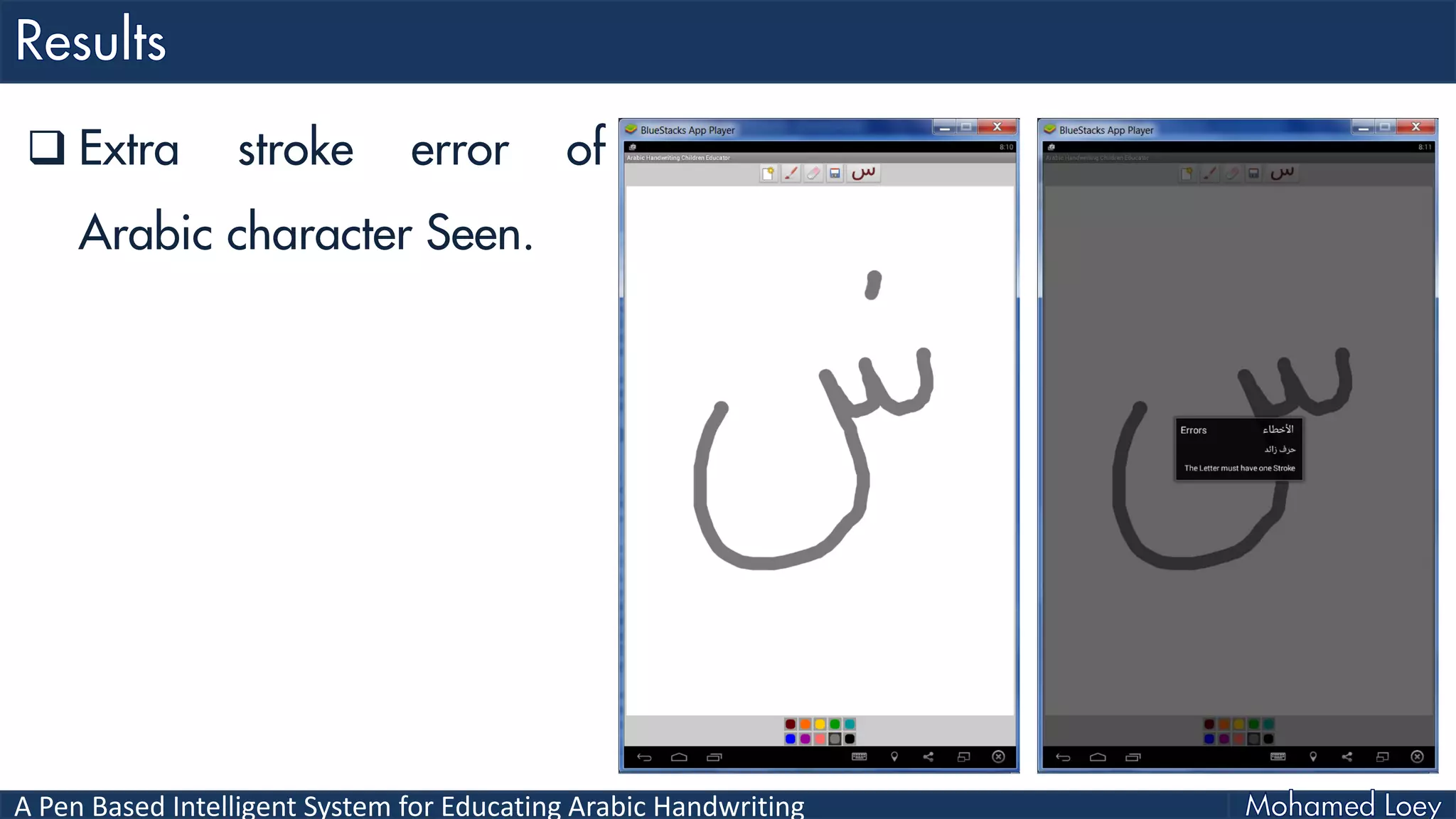 A Pen Based Intelligent System for Educating Arabic Handwriting
 Extra stroke error of
Arabic character Seen.
 
