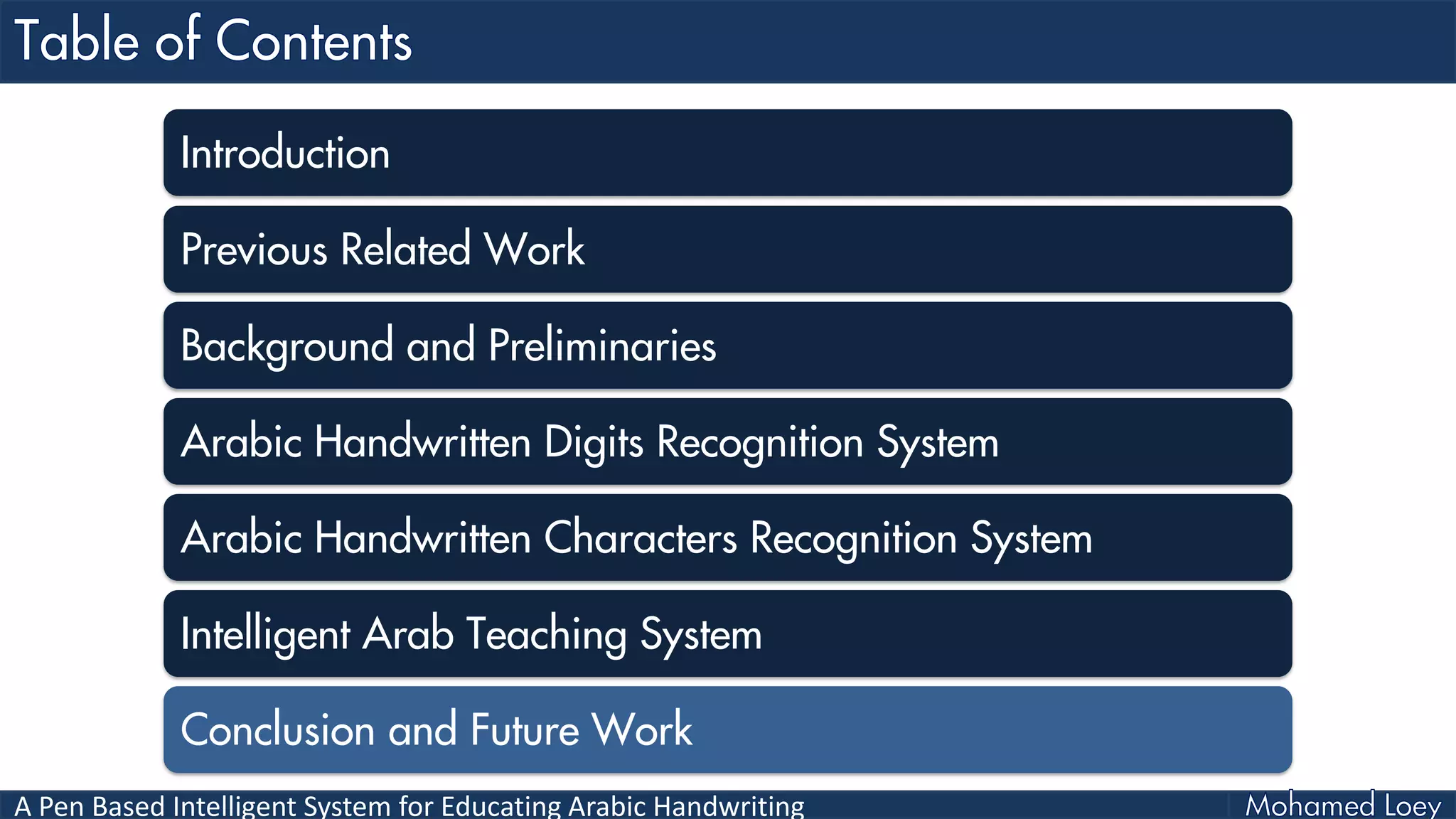 A Pen Based Intelligent System for Educating Arabic Handwriting
Introduction
Previous Related Work
Background and Preliminaries
Arabic Handwritten Digits Recognition System
Arabic Handwritten Characters Recognition System
Intelligent Arab Teaching System
Conclusion and Future Work
 