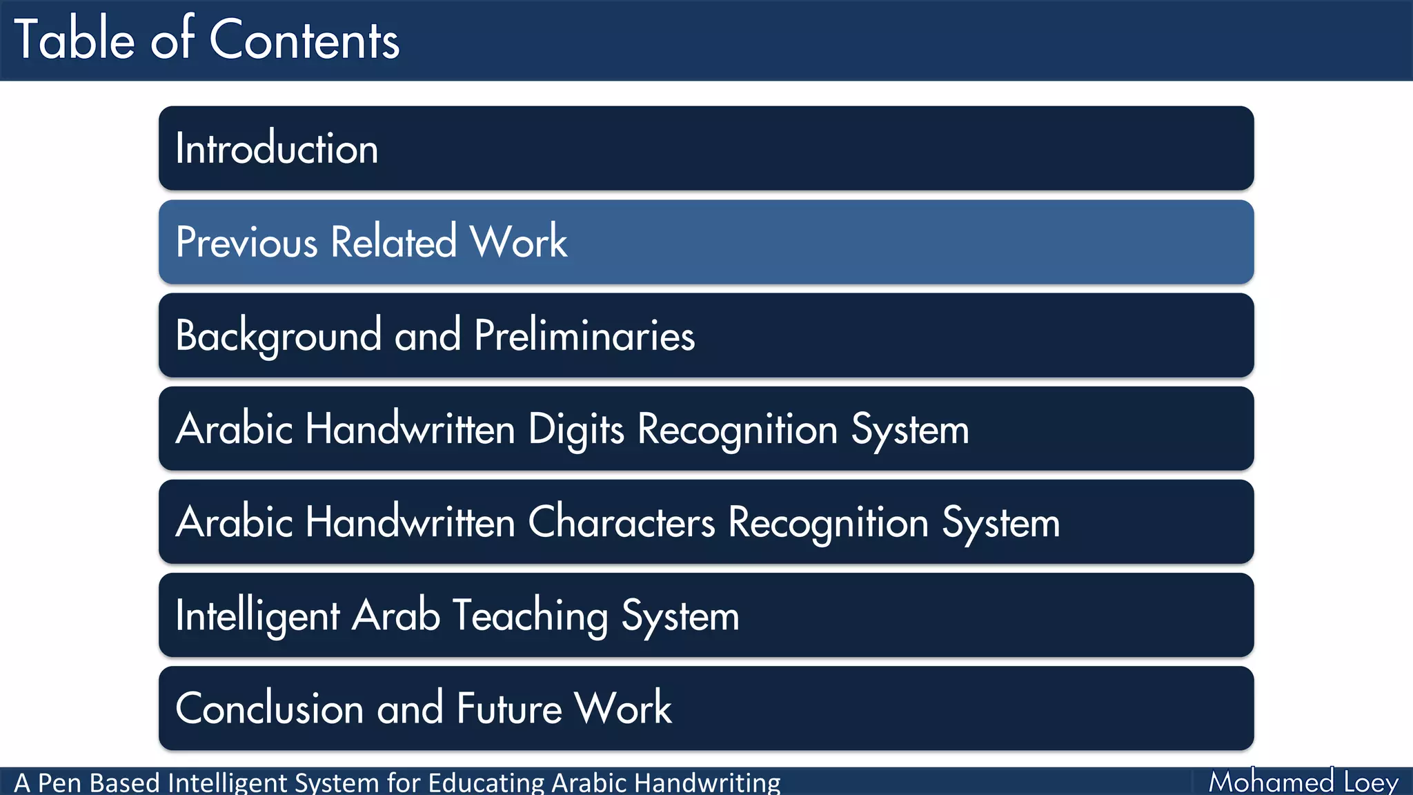 A Pen Based Intelligent System for Educating Arabic Handwriting
Introduction
Previous Related Work
Background and Preliminaries
Arabic Handwritten Digits Recognition System
Arabic Handwritten Characters Recognition System
Intelligent Arab Teaching System
Conclusion and Future Work
 