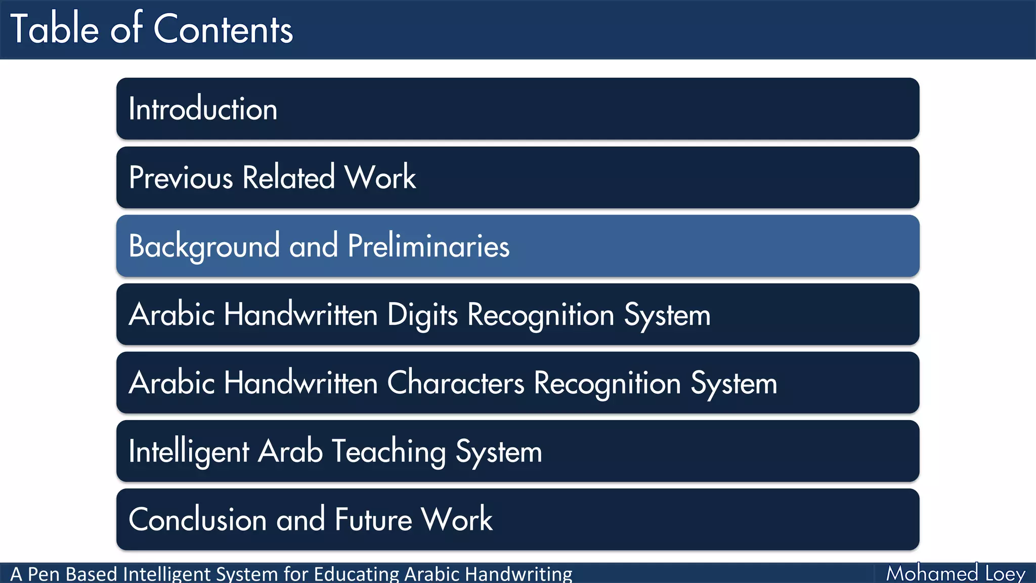 A Pen Based Intelligent System for Educating Arabic Handwriting
Introduction
Previous Related Work
Background and Preliminaries
Arabic Handwritten Digits Recognition System
Arabic Handwritten Characters Recognition System
Intelligent Arab Teaching System
Conclusion and Future Work
 