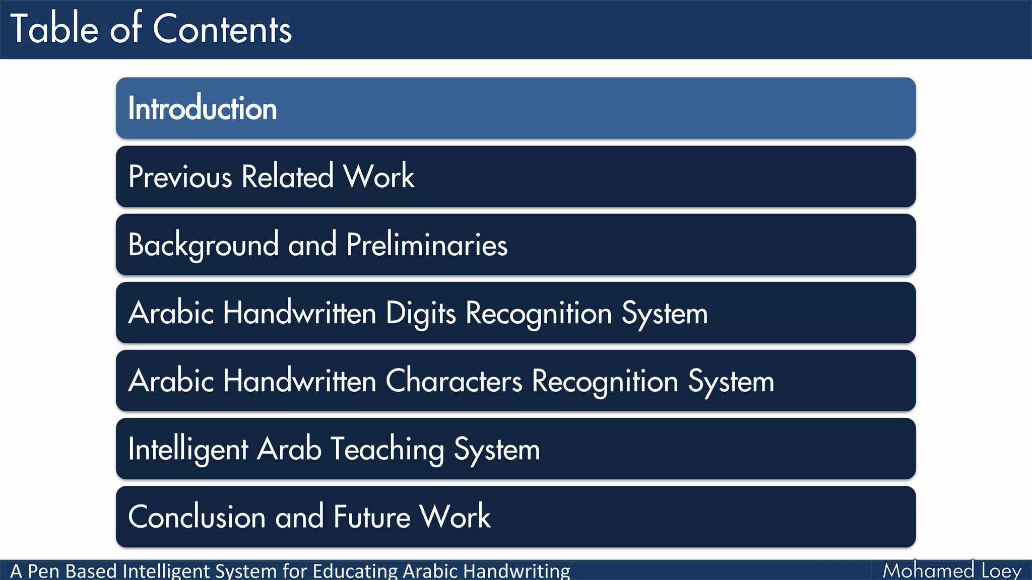 A Pen Based Intelligent System for Educating Arabic Handwriting
Introduction
Previous Related Work
Background and Preliminaries
Arabic Handwritten Digits Recognition System
Arabic Handwritten Characters Recognition System
Intelligent Arab Teaching System
Conclusion and Future Work
 
