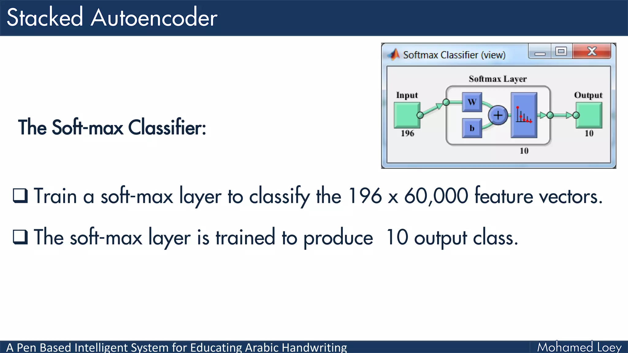 A Pen Based Intelligent System for Educating Arabic Handwriting
 Train a soft-max layer to classify the 196 x 60,000 feature vectors.
 The soft-max layer is trained to produce 10 output class.
The Soft-max Classifier:
 