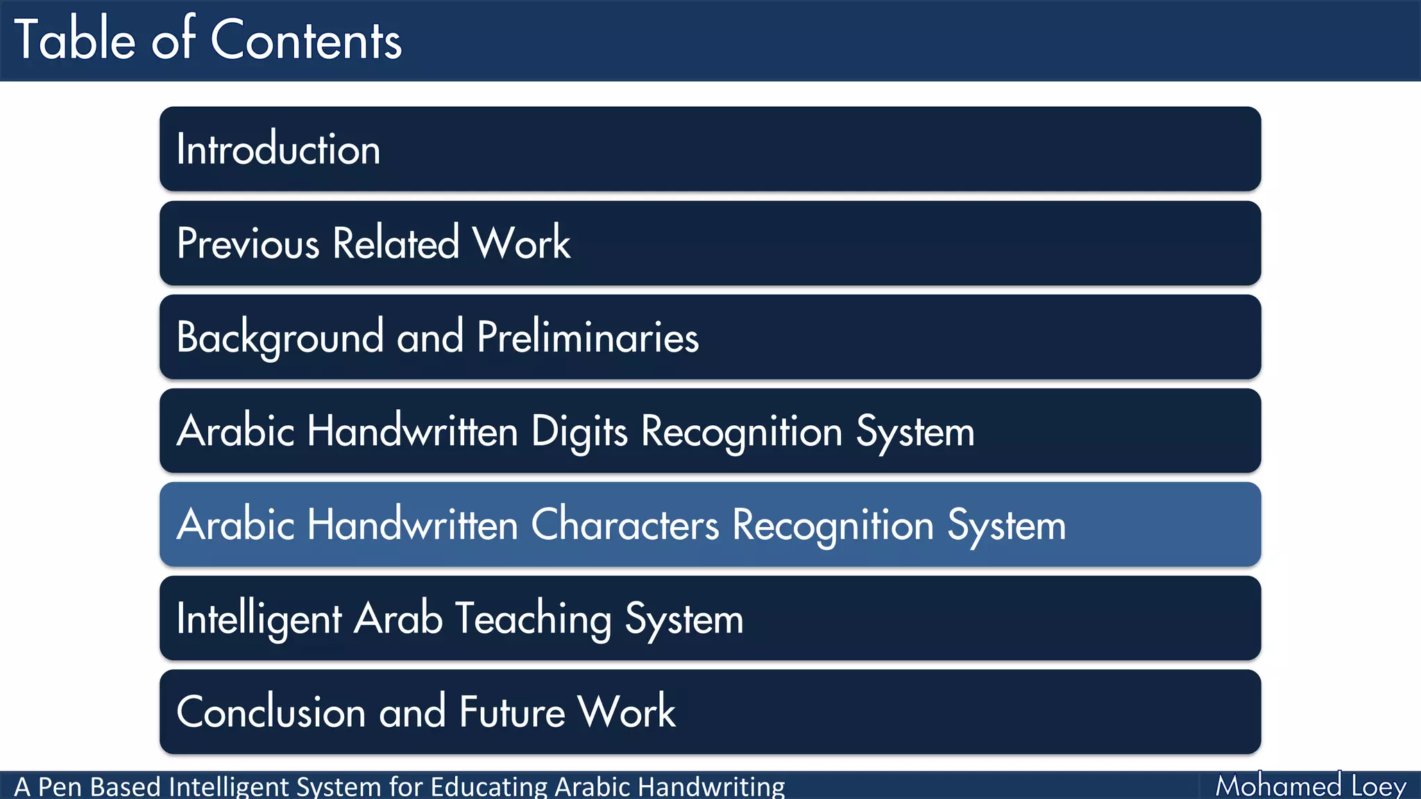 A Pen Based Intelligent System for Educating Arabic Handwriting
Introduction
Previous Related Work
Background and Preliminaries
Arabic Handwritten Digits Recognition System
Arabic Handwritten Characters Recognition System
Intelligent Arab Teaching System
Conclusion and Future Work
 