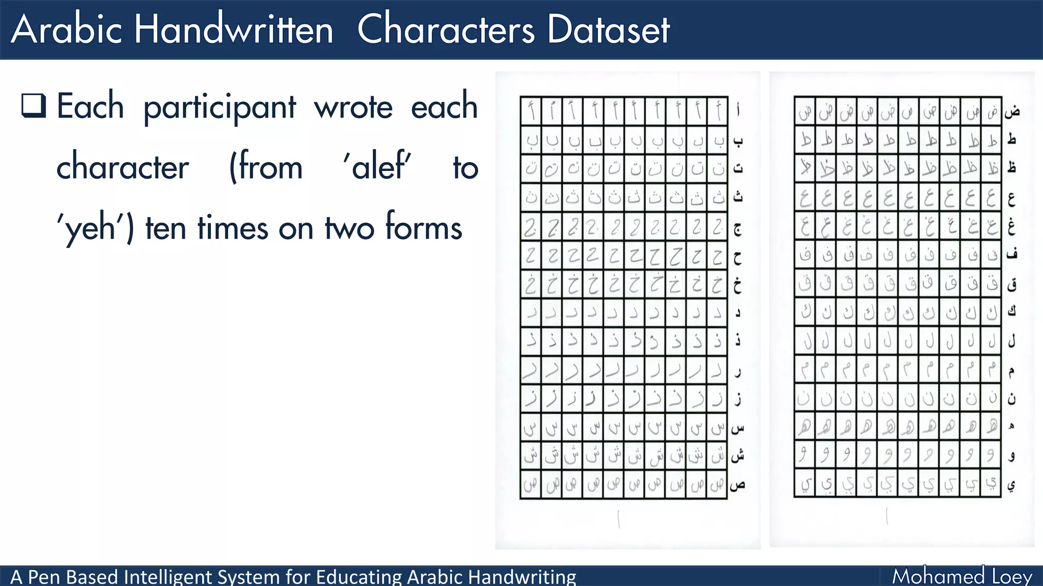 A Pen Based Intelligent System for Educating Arabic Handwriting
 Each participant wrote each
character (from ’alef’ to
’yeh’) ten times on two forms
 
