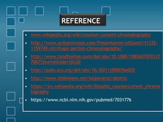 REFERENCE
• www.wikipedia.org/wiki/counter-cureent-chromatography
• http://www.authorstream.com/Presentation/aSGuest111335-
1159749-cntrifugal-partion-chromatography/
• http://www.tandfonline.com/doi/abs/10.1080/1082607070127
7067?journalCode=ljlc20
• http://pubs.acs.org/doi/abs/10.1021/jf00076a020
• http://www.slideshare.net/kalpanaraj/abstrct
• https://en.wikipedia.org/wiki/Droplet_countercurrent_chroma
tography
• https://www.ncbi.nlm.nih.gov/pubmed/7031776
 