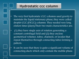 Hydrostatic ccc column
• The very first hydrostatic CCC columns used gravity to
maintain the liquid stationary phase; they were called
droplet CCC (DCCC) columns. They needed very long
elution times (days).Their two main characteristics are:
• (1) they have single axis of rotation generating a
constant centrifugal field and (2) they enclose
geometrical volumes ,tubes, channels, or locules that
repeat themselves through connecting tubes forming a
pattern.
• It can be seen that there is quite a significant volume of
connecting ducts which only contain the mobile phase.
 