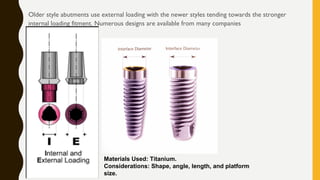 Older style abutments use external loading with the newer styles tending towards the stronger
internal loading fitment. Numerous designs are available from many companies
Materials Used: Titanium.
Considerations: Shape, angle, length, and platform
size.
 