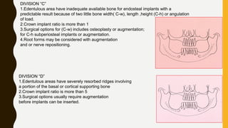 DIVISION “C”
1.Edentulous area have inadequate available bone for endosteal implants with a
predictable result because of two little bone width( C-w), length ,height (C-h) or angulation
of load.
2.Crown implant ratio is more than 1
3.Surgical options for (C-w) includes osteoplasty or augmentation;
for C-h subperiosteal implants or augmentation.
4.Root forms may be considered with augmentation
and or nerve repositioning.
DIVISION “D”
1.Edentulous areas have severely resorbed ridges involving
a portion of the basal or cortical supporting bone
2.Crown implant ratio is more than 5
3.Surgical options usually require augmentation
before implants can be inserted.
 