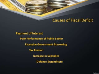 Causes of Fiscal Deficit
Payment of Interest
Poor Performance of Public Sector
Excessive Government Borrowing
Tax Evasion
Increase in Subsidies
Defense Expenditure
 