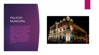 PALACIO
MUNICIPAL
Se le conoce como "La Casa de
los Altos" porque fue la primera
construcción de dos pisos en
toda la Ciudad y convertido, en
1855, en recinto de los poderes
municipales. En su interior
sobresale un mural de Luis,
Rutilio y Santiago Carpinteyro
llamado "Tehuacán y sus cinco
regiones", que narra toda la
historia de la Ciudad, desde su
fundación hasta la época
moderna
 