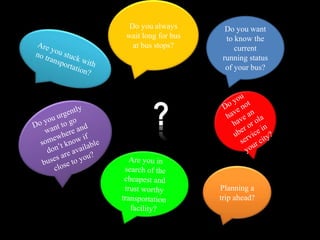 Do you always
wait long for bus
at bus stops?
Planning a
trip ahead?
Do you want
to know the
current
running status
of your bus?
 