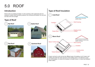 5.0 ROOF
Introduction
Roof is part of a building envelope. It is the covering on the uppermost part of a
building or shelter which provides protection from animals and whether not only rain,
but heat, wind and sunlight.
Type of Roof
Hip Roof1 Gable Roof
Flat Roof Gambrel Roof
Type of Roof Insulation
A warm roof and a cold roof are two different ways of insulating a roof. A warm roof
building will make the entire structure of the building warm in an attempt to avoid
any cold bridging. It is where the insulation is located ‘above’ or ‘above and between’
timber rafters.
1 Cold Roof
2 Warm Roof
2
3
4
Roof Covering
Roof Covering
Insulation
Existing Joints
Existing Joints
Ceiling
Ceiling
Timber Subdeck
Timber Deck
Vapour Control Layer
Insulation
Insulation above ceiling keeps
warmth in house.
Insulation between roof rafters keeps
warmth in roof space.
PAGE 22
 
