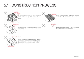 As shown in diagram, bricks are laid and constructed
in order, right on the edge of the bricks, roof beams
added.
Finally batten will be installed. It acts as a support to
the roof tiles that will be installed later.
In order to provide support to the roof, steel trusses
are installed.
On top of the trusses, roof sheating made of either
plywood or aluminium sheet is added. This provide
protection to theif, and acts an insulator to water.
On top of the roof sheating, another layer of alumini-
um foil added. This layer insulate heat.
1
52
3
4
Brick Wall
Beams
Steel Trusses
Plywood / Aluminium
Aluminium
Steel Trusses
Roof
Roof Tiles
5.1 CONSTRUCTION PROCESS
PAGE 25
 