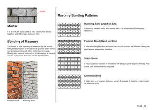 Mortar
It is a workable paste used to bind construction blocks
together and fill the gaps between them.
Mortar
Bonding of Masonry
The bonds in brick masonry is developed by the mortar
filling between layers of bricks and in grooves when bricks
are laid adjacent to each other and in layers in walls.
Mostly used material for bonds in brick masonry is cement
mortar. Lime mortar and mud mortar are also used.
Flemish Bond Running Bond
Masonry Bonding Patterns
Running Bond (Used on Site)
Commonly used for cavity and veneer walls, it is composed of overlapping
stretchers.
Flemish Bond (Used on Site)
It has alternating headers and stretchers in each course, each header being cen-
tered above and below a stretcher.
Stack Bond
It has successive courses of stretchers with all head joints aligned verticaly. Hori-
zontal joint reinforcement is required.
Common Bond
It has a course of headers between every 5-6 courses of stretchers, also known
as American bond.
PAGE 33
 