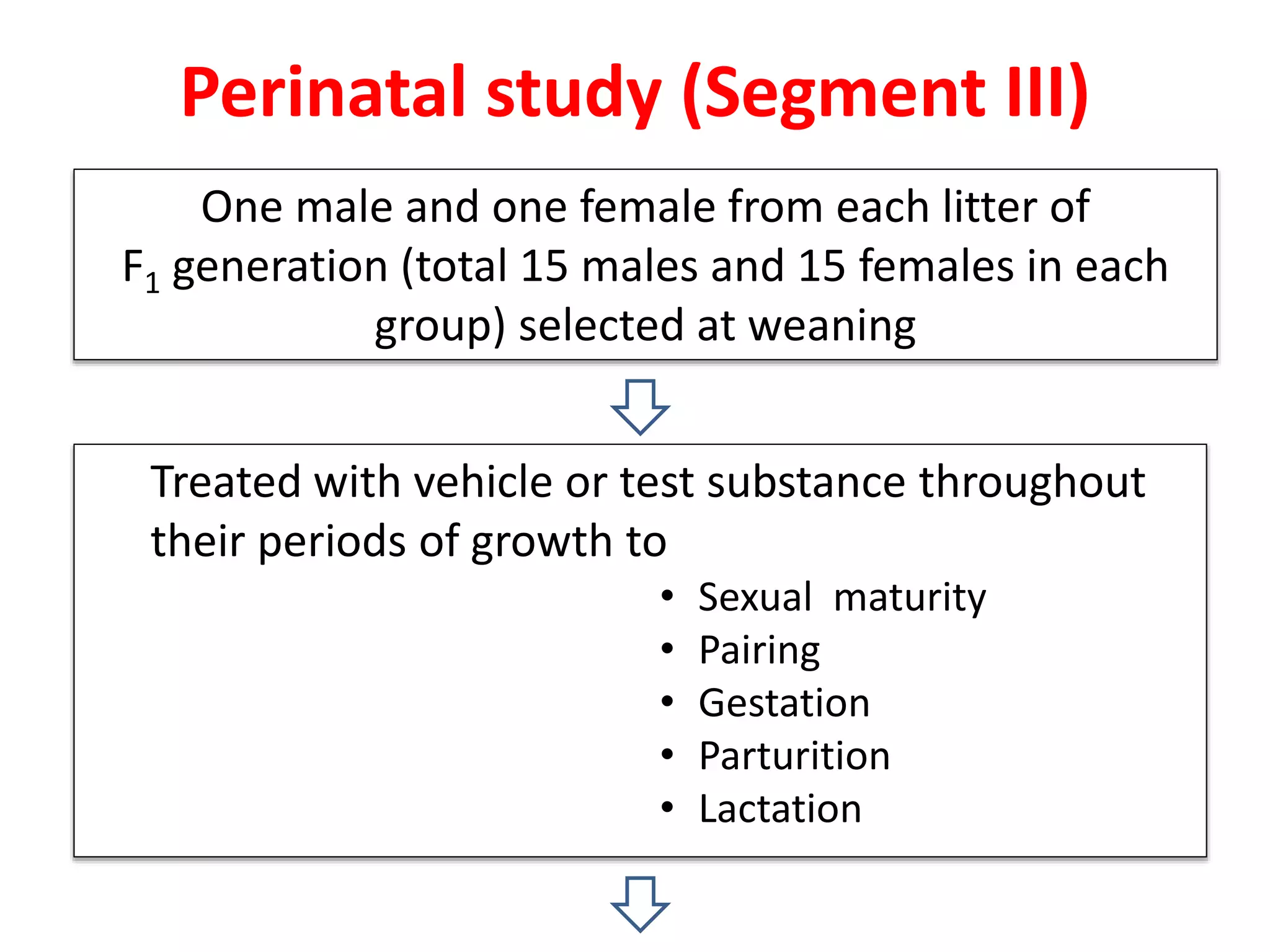 Treated with vehicle or test substance throughout
their periods of growth to
• Sexual maturity
• Pairing
• Gestation
• Parturition
• Lactation
Perinatal study (Segment III)
One male and one female from each litter of
F1 generation (total 15 males and 15 females in each
group) selected at weaning
 