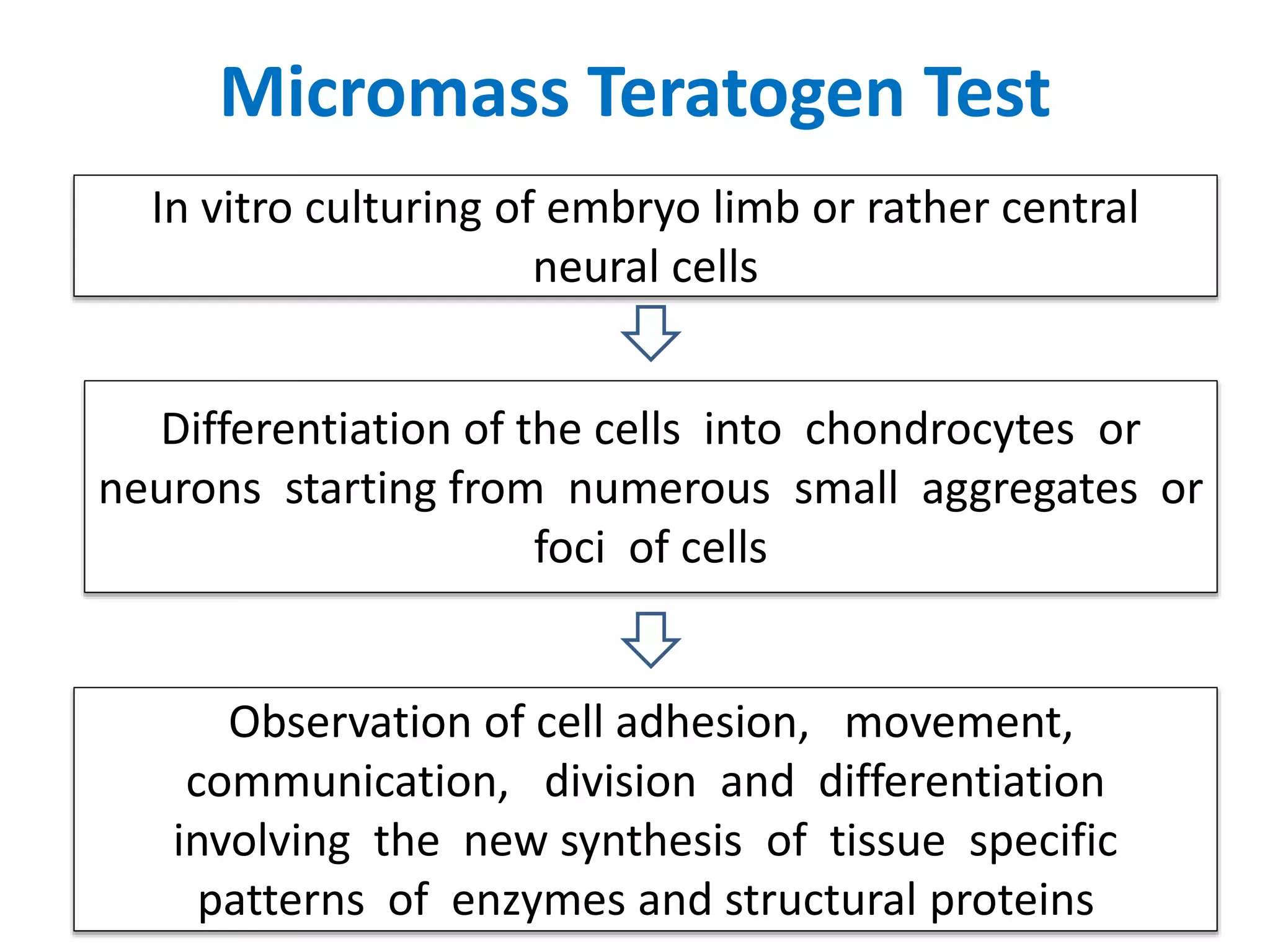 In vitro culturing of embryo limb or rather central
neural cells
Differentiation of the cells into chondrocytes or
neurons starting from numerous small aggregates or
foci of cells
Micromass Teratogen Test
Observation of cell adhesion, movement,
communication, division and differentiation
involving the new synthesis of tissue specific
patterns of enzymes and structural proteins
 