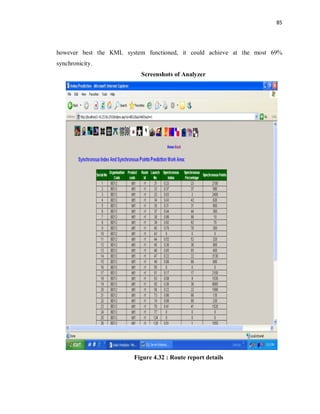 85
however best the KML system functioned, it could achieve at the most 69%
synchronicity.
Screenshots of Analyzer
Figure 4.32 : Route report details
 
