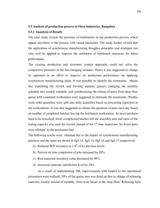 165
5.5 Analysis of production process at Flora Industries, Bangalore
5.5.1 Ananlysis of Results
The case study reveals the presence of bottlenecks in the production process which
appear anywhere in the process with varied intensities. The study further reveals that
the application of synchronous manufacturing thoughts, principles and strategies can
very well be applied to improve the utilization of bottleneck resources for better
performance
The existing production and inventory control approach, could not solve the
competitive pressures in the fast changing scenario. Hence it was suggested to change
its approach in an effort to improve its production performance by applying
synchronous manufacturing ideas. It was possible to identify the constraints. Means
like expediting the rework and forming separate queues, changing the monthly
schedule into weekly schedule, and synchronizing the release of parts from shop floor
queue with constraint workstation were suggested to eliminate the constraints. Weekly
work order quantities were split into daily quantities based on processing capacities at
the workstations. It was also suggested to release the quantum of parts each day based
on number of completed batches leaving the bottleneck workstation. As more products
need to be reworked, fewer complicated batches left the assembly area and more of the
testing capacity was used for rework instead of for 1st
time inspection. So fewer parts
were released to the production line.
The following results were obtained due to the impact of synchronous manufacturing
practices and the same are shown in fig5.14, fig5.15, fig5.16 and fig5.17 respectively.
a) Reduced WIP inventory to 1/4th
of its previous levels
b) Percent on time completion of jobs increased by 20%.
c) Raw materials inventory value decreased by 40%.
d) Increased customer satisfaction level by 24%.
As a result of implementing SM, improvements with respect to the operational
parameters were realized. 50% of the queue area was freed up due to change of releasing
materials weekly instead of monthly, from wear house to the shop floor. Releasing daily
 