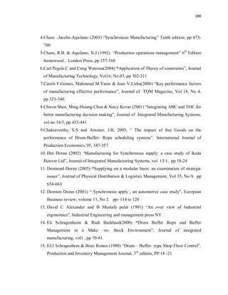 180
4.Chase –Jacobs-Aquilano (2003) “Synchronous Manufacturing” Tenth edition, pp 673-
700
5.Chase, R.B. & Aquilano, N.J (1992) “Production operations management” 6th
Edition
homewood , London Press, pp 157-168
6.Carl Pegels.C and Craig Watrous(2004) “Application of Theory of constraints”, Journal
of Manufacturing Technology, Vol16, No.03, pp 302-311
7.Carols F.Gomes, Mahmoud M.Yasin & Joao V.Lisba(2006) “Key performance factors
of manufacturing effective performance”, Journal of TQM Magazine, Vol 18, No 4,
pp 323-340.
8.Chwen Sheu, Ming-Hsiang Chen & Stacy Kovar (2001) “Integrating ABC and TOC for
better manufacturing decision making”, Journal of Integrated Manufacturing Systems,
vol no 14/5, pp 433-441
9.Chakravorthy, S.S and Atwater, J.B, 2005, “ The impact of free Goods on the
performance of Drum-Buffer- Rope scheduling systems”. International Journal of
Production Economics, 95, 347-357.
10. Des Doran (2002) “Manufacturing for Synchronous supply: a case study of lkeda
Hoover Ltd”, Journal of Integrated Manufacturing Systems, vol 13/1, pp 18-24
11. Desmond Doran (2005) “Supplying on a modular basis: an examination of strategic
issues”, Journal of Physical Distribution & Logistics Management, Vol 35, No 9, pp
654-663
12. Desmen Doran (2001) “ Synchronous apply ; an automotive case study”, European
Business review, volume 13, No 2. pp- 114 to 120
13. David C Alexander and B Mustafa pulat (1991) “An over view of Industrial
ergonomics”, Industrial Engineering and management press NY
14. Eli Schragenheim & Rudi Burkhard(2000) “Drum Buffer Rope and Buffer
Management in a Make –to- Stock Environment”, Journal of integrated
manufacturing, vol3 , pp 70-81.
15. ELI Schragenhem & Boaz Ronen (1990) “Drum – Buffer- rope Shop Floor Control”,
Production and Inventory Management Journal, 3rd
edition, PP:18 -21
 