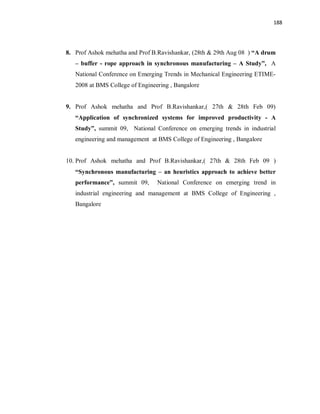 188
8. Prof Ashok mehatha and Prof B.Ravishankar, (28th & 29th Aug 08 ) “A drum
– buffer - rope approach in synchronous manufacturing – A Study”, A
National Conference on Emerging Trends in Mechanical Engineering ETIME-
2008 at BMS College of Engineering , Bangalore
9. Prof Ashok mehatha and Prof B.Ravishankar,( 27th & 28th Feb 09)
“Application of synchronized systems for improved productivity - A
Study”, summit 09, National Conference on emerging trends in industrial
engineering and management at BMS College of Engineering , Bangalore
10. Prof Ashok mehatha and Prof B.Ravishankar,( 27th & 28th Feb 09 )
“Synchronous manufacturing – an heuristics approach to achieve better
performance”, summit 09, National Conference on emerging trend in
industrial engineering and management at BMS College of Engineering ,
Bangalore
 