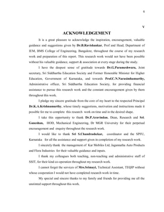 6
V
ACKNOWLEDGEMENT
It is a great pleasure to acknowledge the inspiration, encouragement, valuable
guidance and suggestions given by Dr.B.Ravishankar, Prof and Head, Department of
IEM, BMS College of Engineering, Bangalore, throughout the course of my research
work and preparation of this report. This research work would not have been possible
without his valuable guidance, support & association at every stage during the study.
I have the deepest sense of gratitude towards Dr.G.Parameshwara, Joint
secretary, Sri Siddhartha Education Society and Former Honorable Minister for Higher
Education, Government of Karnataka, and towards Prof.C.N.Narasimhamurthy,
Administrative officer, Sri Siddhartha Education Society, for providing financial
assistance to pursue this research work and the constant encouragement given by them
throughout this work.
I pledge my sincere gratitude from the core of my heart to the respected Principal
Dr.K.A.Krishnamurthy, whose timely suggestions, motivation and instructions made it
possible for me to complete this research work on time and in the desired shape.
I take this opportunity to thank Dr.P.Aravindan, Dean, Research and Sri.
Ganeshan, HOD, Mechanical Engineering, Dr MGR University for their perpetual
encouragement and enquiry throughout the research work.
I would like to thank Sri S.Chandrashekar, coordinator and the SPFU,
Karnataka for all the assistance and support given in completion of my research work.
I sincerely thank the management of Kar Mobiles Ltd, Jagannatha Auto Products
and Flora Industries for their valuable guidance and inputs.
I thank my colleagues both teaching, non-teaching and administrative staff of
SSIT, for their kind co-operation throughout my research work.
I cannot forget the services of Mrs.Srimayi, Technical Assistant, TEQIP without
whose cooperation I would not have completed research work in time.
My special and sincere thanks to my family and friends for providing me all the
unstinted support throughout this work.
 