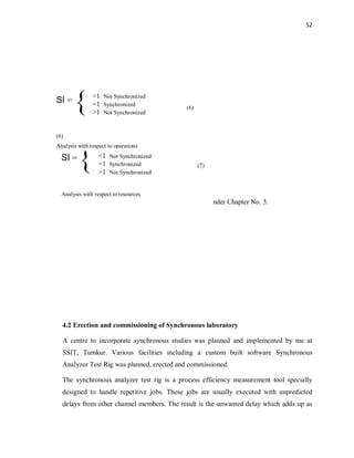 52
The details of this model are discussed and analysed under Chapter No. 5.
4.2 Erection and commissioning of Synchronous laboratory
A centre to incorporate synchronous studies was planned and implemented by me at
SSIT, Tumkur. Various facilities including a custom built software Synchronous
Analyzer Test Rig was planned, erected and commissioned.
The synchronous analyzer test rig is a process efficiency measurement tool specially
designed to handle repetitive jobs. These jobs are usually executed with unpredicted
delays from other channel members. The result is the unwanted delay which adds up as
SI =
{ (7)
Analysis with respect to resources
<1 Not Synchronized
=1 Synchronized
>1 Not Synchronized
SI =
{ (6)
(6)
Analysis with respect to operations
<1 Not Synchronized
=1 Synchronized
>1 Not Synchronized
 