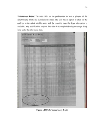64
Performance Index: The user clicks on the performance to have a glimpse of the
synchronicity points and synchronicity index. The user has an option to click on the
analyzer in the select suitable report and the report to enter the delay information is
available. Any modifications required later can be accomplished using the assign delay
form under the delay menu item.
Figure 4.20 Performance Index details
 
