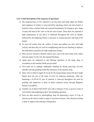 73
4.3.5 A brief description of the sequence of operations
a) The inspected bars of raw material is cut into parts and sharp edges are broken
and roughness of surface is removed before upsetting where one end of parts is
heated to form a red-hot bulb and is passed immediately for forging to give shape
of neck and head of the valve at the hot end of parts. Since parts are exposed to
high temperatures at one end it is hardened throughout the valve in furnace
followed by air-tempering which is necessary to sustain pressure and load in the
engine
b) To peel off oxides from the surface of parts iron pellets are shot with high
velocity and then they are sent for straightening and run-out checking to improve
the deformities caused by the high temperature furnace.
c) Parts are now moved to machine shop to give cuts in the stem, head, neck, radius
and seat region of valve for the required finishing.
d) Again parts are subjected to shot blasting operation, in the forge shop, in
accordance to the machine finish just provided.
e) Now parts are to undergo subsequent finishing by facing, grooving, wet-end,
chamfer-end and grinding within the tolerances in the machine shop.
f) Since valve is held in engine by its tip for the reciprocating motion the tip is made
harder from the rest of the body of valve by induction hardening. After tip-
hardening a 0.102-0.132 mm of material is removed throughout the stem by
grinding and inspection is done to detect minutest cracks through Magnetic
Particle Test (MPT).
g) Another cut of about 0.023-0.027 mm with a tolerance of 4µ is given to stem of
valve before electroplating by the C’less grinding operation.
h) Parts are then moved to electroplating shop for depositing a layer of 5-9µ of
chrome on the stem in order to make it corrosion-resistant. Also chemical etching
is done to improve the tolerance of deposition.
 