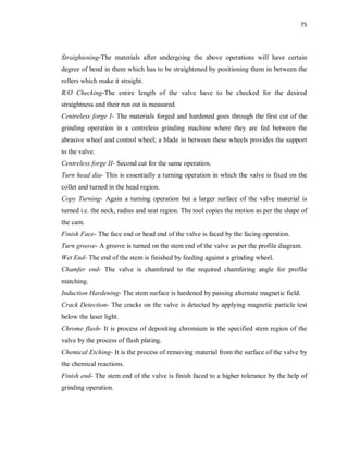 75
Straightening-The materials after undergoing the above operations will have certain
degree of bend in them which has to be straightened by positioning them in between the
rollers which make it straight.
R/O Checking-The entire length of the valve have to be checked for the desired
straightness and their run out is measured.
Centreless forge I- The materials forged and hardened goes through the first cut of the
grinding operation in a centreless grinding machine where they are fed between the
abrasive wheel and control wheel; a blade in between these wheels provides the support
to the valve.
Centreless forge II- Second cut for the same operation.
Turn head dia- This is essentially a turning operation in which the valve is fixed on the
collet and turned in the head region.
Copy Turning- Again a turning operation but a larger surface of the valve material is
turned i.e. the neck, radius and seat region. The tool copies the motion as per the shape of
the cam.
Finish Face- The face end or head end of the valve is faced by the facing operation.
Turn groove- A groove is turned on the stem end of the valve as per the profile diagram.
Wet End- The end of the stem is finished by feeding against a grinding wheel.
Chamfer end- The valve is chamfered to the required chamfering angle for profile
matching.
Induction Hardening- The stem surface is hardened by passing alternate magnetic field.
Crack Detection- The cracks on the valve is detected by applying magnetic particle test
below the laser light.
Chrome flash- It is process of depositing chromium in the specified stem region of the
valve by the process of flash plating.
Chemical Etching- It is the process of removing material from the surface of the valve by
the chemical reactions.
Finish end- The stem end of the valve is finish faced to a higher tolerance by the help of
grinding operation.
 