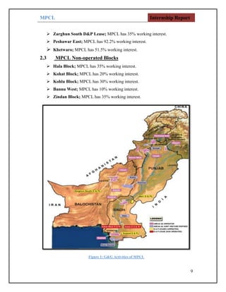 MPCL Internship Report
9
 Zarghun South D&P Lease; MPCL has 35% working interest.
 Peshawar East; MPCL has 92.2% working interest.
 Khetwaro; MPCL has 51.5% working interest.
2.3 MPCL Non-operated Blocks
 Hala Block; MPCL has 35% working interest.
 Kohat Block; MPCL has 20% working interest.
 Kohlu Block; MPCL has 30% working interest.
 Bannu West; MPCL has 10% working interest.
 Zindan Block; MPCL has 35% working interest.
Figure 1: G&G Activities of MPCL
 