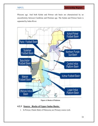 MPCL Internship Report
18
Pliocene age. And both Kohat and Potwar sub basin are characterized by an
unconformity between Cambrian and Permian age. The Kohat and Potwar basin is
separated by Indus River.
Figure 4: Basins of Pakistan
4.2.3 Source Rocks of Upper Indus Basin:
• In Potwar, Patala Shale of Paleocene are Primary source rock.
 