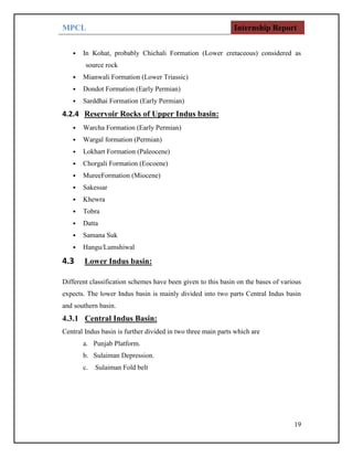 MPCL Internship Report
19
• In Kohat, probably Chichali Formation (Lower cretaceous) considered as
source rock
• Mianwali Formation (Lower Triassic)
• Dondot Formation (Early Permian)
• Sarddhai Formation (Early Permian)
4.2.4 Reservoir Rocks of Upper Indus basin:
• Warcha Formation (Early Permian)
• Wargal formation (Permian)
• Lokhart Formation (Paleocene)
• Chorgali Formation (Eocoene)
• MureeFormation (Miocene)
• Sakessar
• Khewra
• Tobra
• Datta
• Samana Suk
• Hangu/Lumshiwal
4.3 Lower Indus basin:
Different classification schemes have been given to this basin on the bases of various
expects. The lower Indus basin is mainly divided into two parts Central Indus basin
and southern basin.
4.3.1 Central Indus Basin:
Central Indus basin is further divided in two three main parts which are
a. Punjab Platform.
b. Sulaiman Depression.
c. Sulaiman Fold belt
 