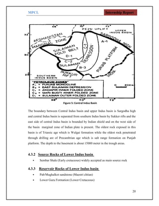 MPCL Internship Report
20
Figure 5: Central Indus Basin
The boundary between Central Indus basin and upper Indus basin is Sargodha high
and central Indus basin is separated from southern Indus basin by Sukker rifts and the
east side of central Indus basin is bounded by Indian shield and on the west side of
the basin marginal zone of Indian plate is present. The oldest rock exposed in this
basin is of Triassic age which is Wulgai formation while the oldest rock penetrated
through drilling are of Precambrian age which is salt range formation on Punjab
platform. The depth to the basement is about 15000 meter in the trough areas.
4.3.2 Source Rocks of Lower Indus basin
• Sembar Shale (Early cretaceous) widely accepted as main source rock
4.3.3 Reservoir Rocks of Lower Indus basin
• Pab/Mughalkot sandstone (Maestri chtian)
• Lower Guru Formation (Lower Cretaceous)
 