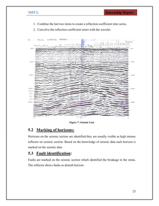 MPCL Internship Report
23
1. Combine the last two items to create a reflection coefficient time series.
2. Convolve the reflection coefficient series with the wavelet.
Figure 7: Seismic Line
5.2 Marking of horizons:
Horizons on the seismic section are identified they are usually visible as high intense
reflector on seismic section. Based on the knowledge of seismic data each horizon is
marked on the seismic data
5.3 Fault identification:
Faults are marked on the seismic section which identified the breakage in the strata.
The reflector shows faults as disturb horizon
 
