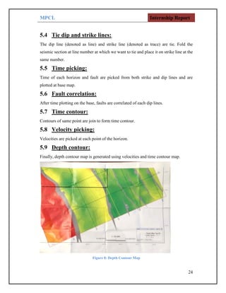 MPCL Internship Report
24
5.4 Tie dip and strike lines:
The dip line (denoted as line) and strike line (denoted as trace) are tie. Fold the
seismic section at line number at which we want to tie and place it on strike line at the
same number.
5.5 Time picking:
Time of each horizon and fault are picked from both strike and dip lines and are
plotted at base map.
5.6 Fault correlation:
After time plotting on the base, faults are correlated of each dip lines.
5.7 Time contour:
Contours of same point are join to form time contour.
5.8 Velocity picking:
Velocities are picked at each point of the horizon.
5.9 Depth contour:
Finally, depth contour map is generated using velocities and time contour map.
Figure 8: Depth Contour Map
 