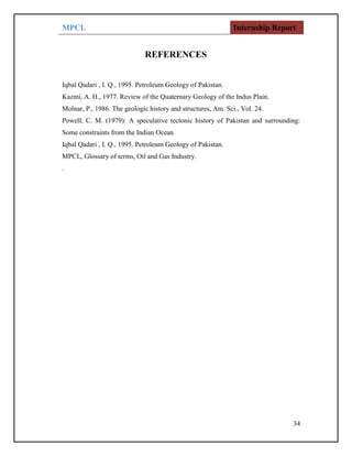 MPCL Internship Report
34
REFERENCES
Iqbal Qadari , I. Q., 1995. Petroleum Geology of Pakistan.
Kazmi, A. H., 1977. Review of the Quaternary Geology of the Indus Plain.
Molnar, P., 1986. The geologic history and structures, Am. Sci., Vol. 24.
Powell, C. M. (1979): A speculative tectonic history of Pakistan and surrounding:
Some constraints from the Indian Ocean.
Iqbal Qadari , I. Q., 1995. Petroleum Geology of Pakistan.
MPCL, Glossary of terms, Oil and Gas Industry.
.
 