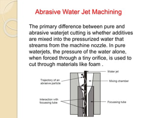 Abrasive Water Jet Machining
The primary difference between pure and
abrasive waterjet cutting is whether additives
are mixed into the pressurized water that
streams from the machine nozzle. In pure
waterjets, the pressure of the water alone,
when forced through a tiny orifice, is used to
cut through materials like foam .
 