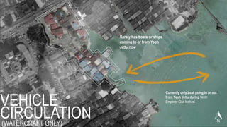 (WATERCRAFT ONLY)
VEHICLE
CIRCULATION
Currently only boat going in or out
from Yeoh Jetty during Ninth
Emperor God festival
Rarely has boats or ships
coming to or from Yeoh
Jetty now
 