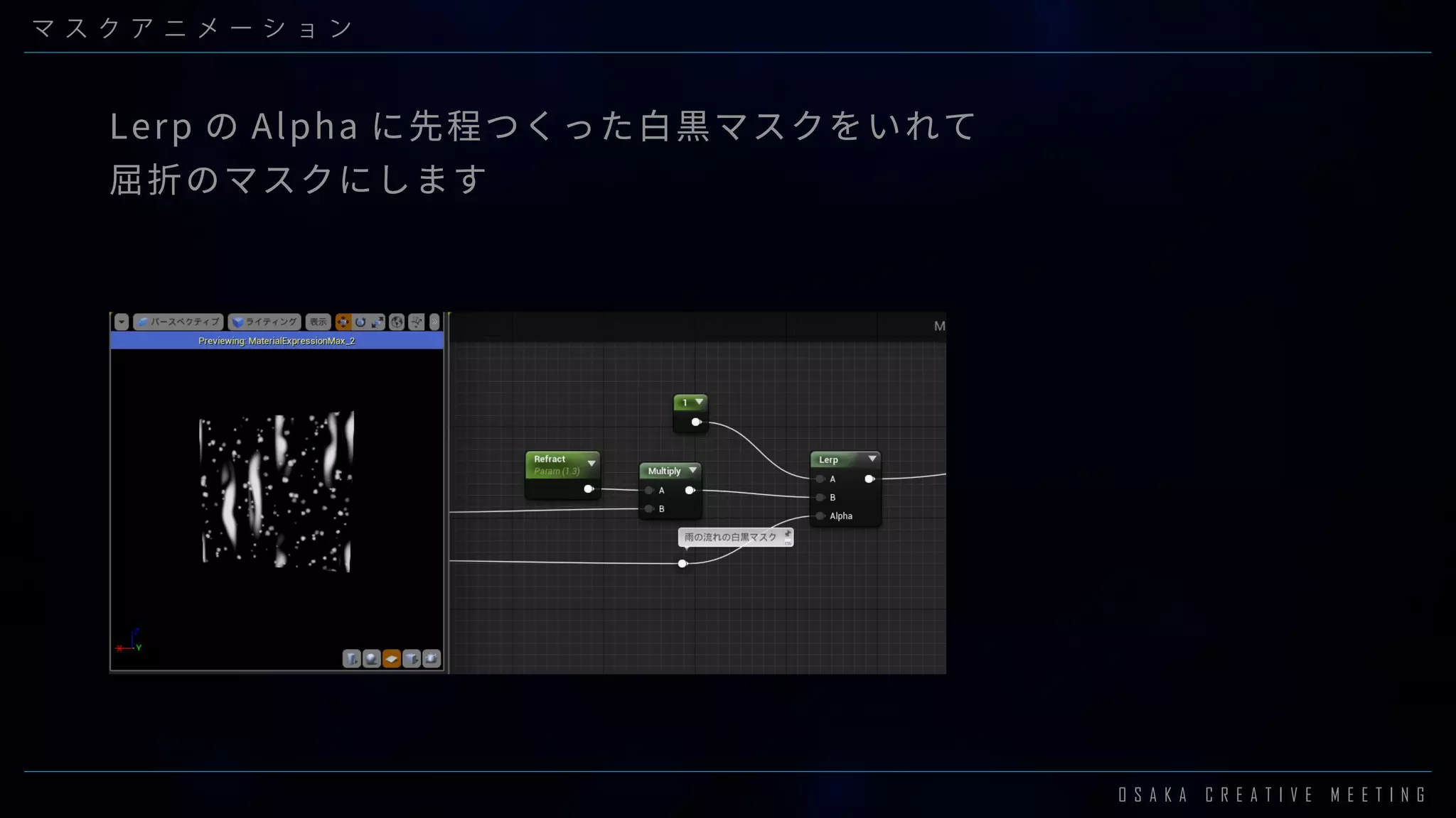 O S A K A C R E A T I V E M E E T I N G
マ ス ク ア ニ メ ー シ ョ ン
Lerp の Alpha に先程つくった白黒マスクをいれて
屈折のマスクにします
 