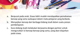 a. Berpusat pada anak. Siswa lebih mudah mendapatkan pemahaman
konsep yang sama walaupun dalam mata pelajaran yang berbeda.
b. Menyajikan konsep dari berbagai bidang studi dalam suatu proses
pembelajaran.
c. Guru bidang studi melakukan kerjasama dengan partner untuk
mengurutkan isi konsep-konsep yang sama, yang akan diajarkan
pada siswa.
 