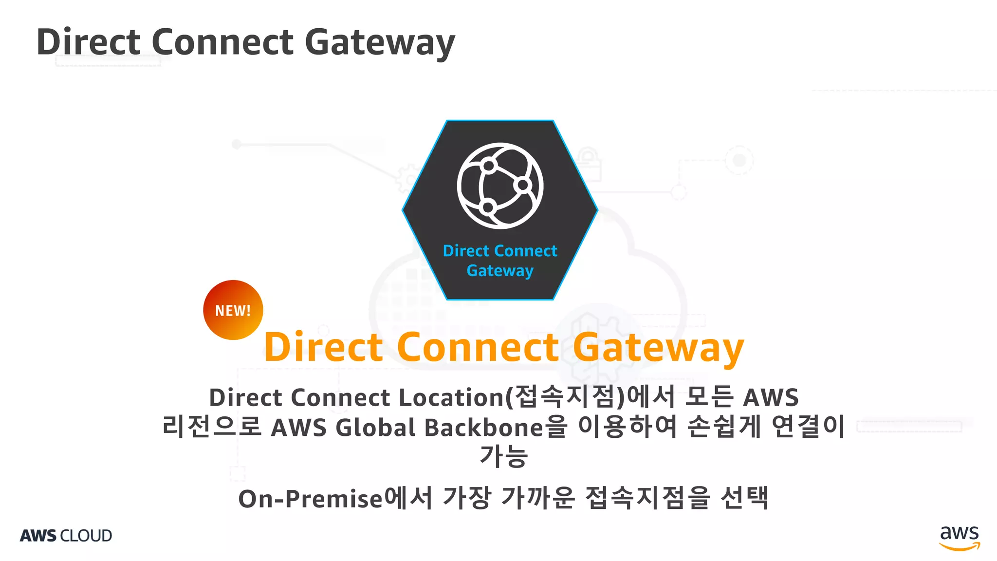 Direct Connect Gateway
Direct Connect Gateway
Direct Connect Location(접속지점)에서 모든 AWS
리전으로 AWS Global Backbone을 이용하여 손쉽게 연결이
가능
On-Premise에서 가장 가까운 접속지점을 선택
Direct Connect
Gateway
NEW!
 