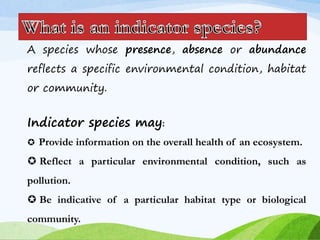 A species whose presence, absence or abundance
reflects a specific environmental condition, habitat
or community.
Indicator species may:
 Provide information on the overall health of an ecosystem.
 Reflect a particular environmental condition, such as
pollution.
 Be indicative of a particular habitat type or biological
community.
 