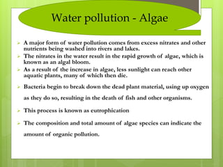  A major form of water pollution comes from excess nitrates and other
nutrients being washed into rivers and lakes.
 The nitrates in the water result in the rapid growth of algae, which is
known as an algal bloom.
 As a result of the increase in algae, less sunlight can reach other
aquatic plants, many of which then die.
 Bacteria begin to break down the dead plant material, using up oxygen
as they do so, resulting in the death of fish and other organisms.
 This process is known as eutrophication
 The composition and total amount of algae species can indicate the
amount of organic pollution.
Water pollution - Algae
 
