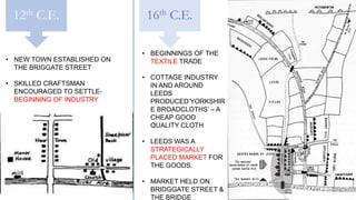 • NEW TOWN ESTABLISHED ON
THE BRIGGATE STREET
• SKILLED CRAFTSMAN
ENCOURAGED TO SETTLE-
BEGINNING OF INDUSTRY
12th C.E. 16th C.E.
• BEGINNINGS OF THE
TEXTILE TRADE
• COTTAGE INDUSTRY
IN AND AROUND
LEEDS
PRODUCED’YORKSHIR
E BROADCLOTHS’ – A
CHEAP GOOD
QUALITY CLOTH
• LEEDS WAS A
STRATEGICALLY
PLACED MARKET FOR
THE GOODS.
• MARKET HELD ON
BRIDGGATE STREET &
THE BRIDGE
 